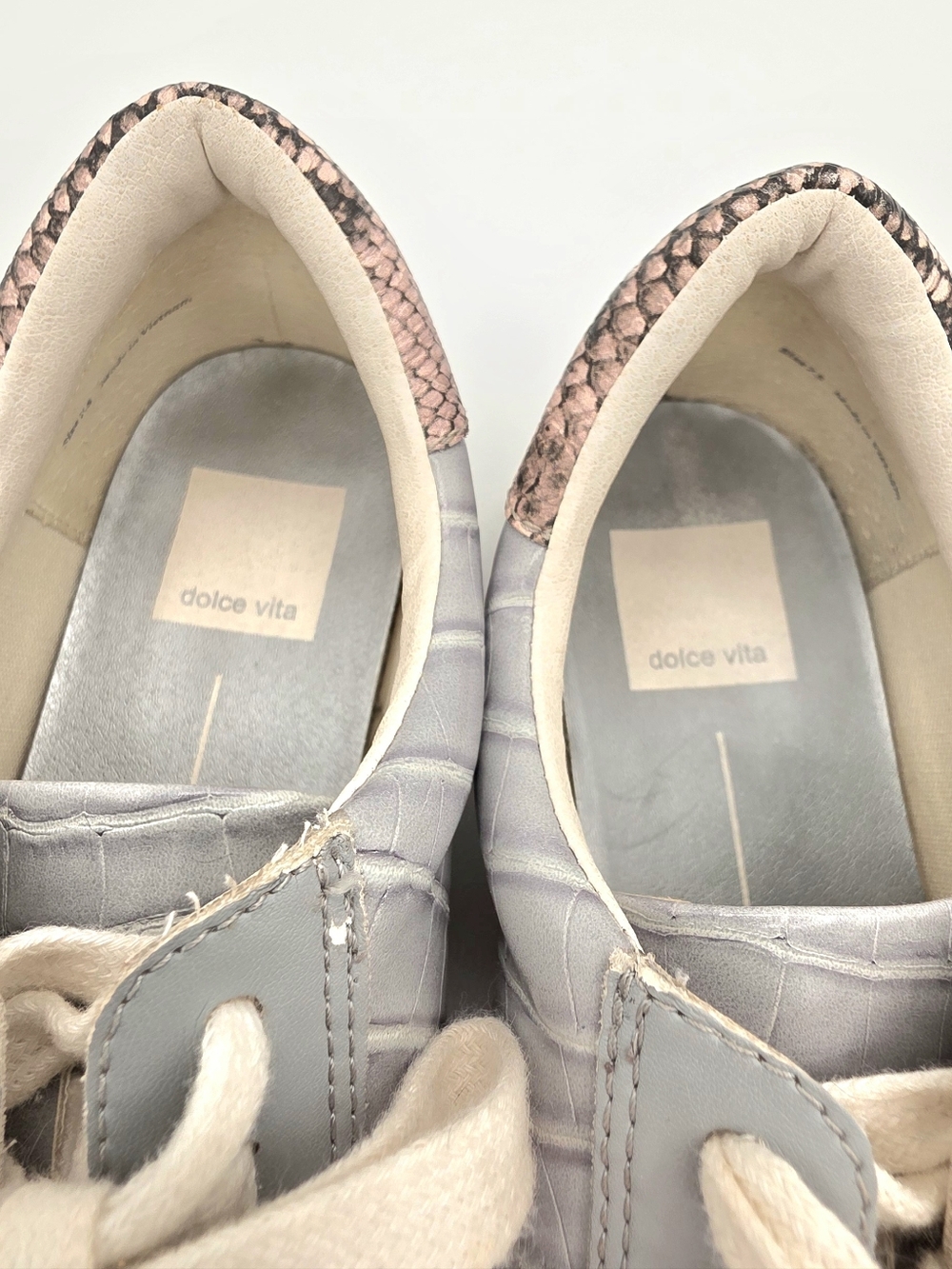 Dolce Vita Niel Gray Sneakers with Pink Snake-Print Heel Accent - Picture 2 of 9